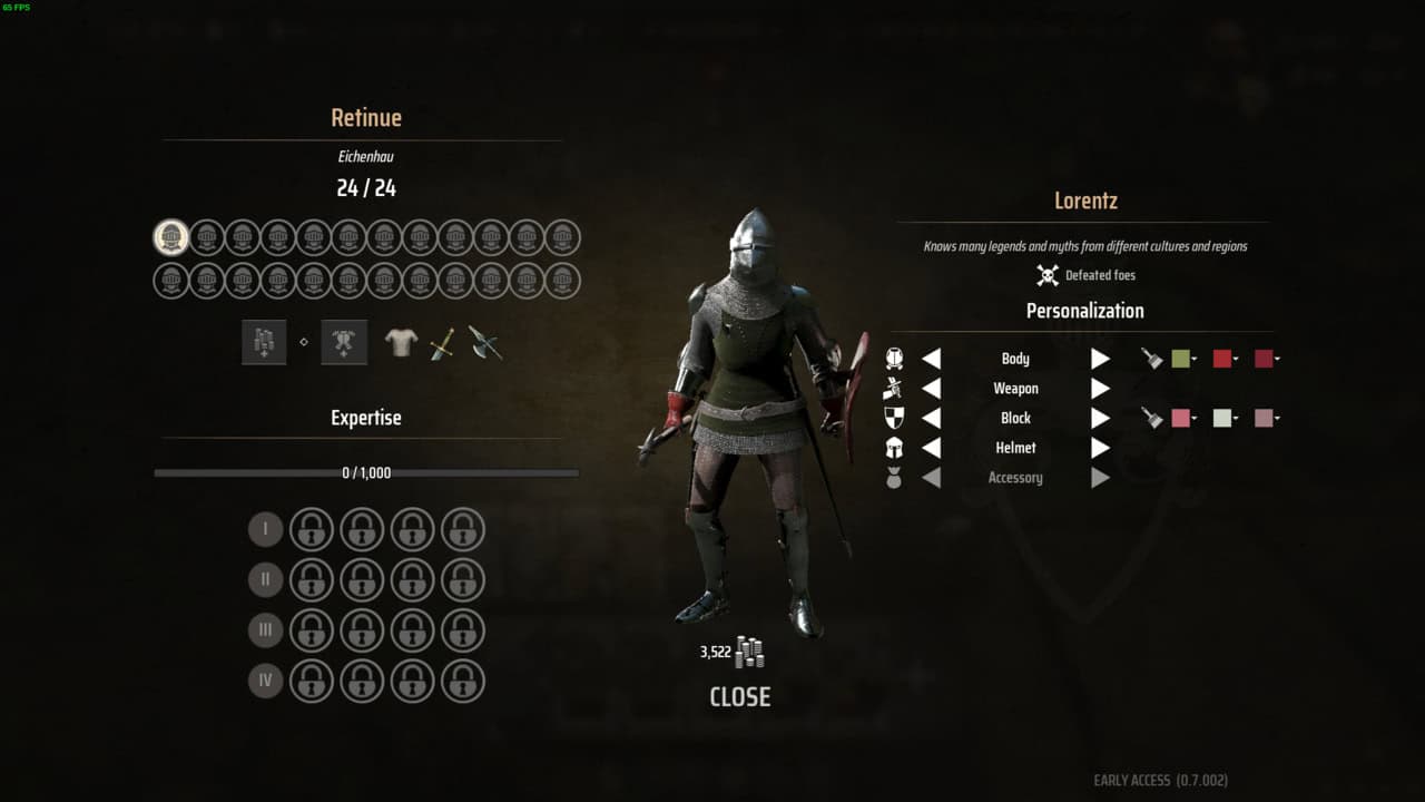 Manor Lords combat: customization screen featuring a knight in armor with options to modify body, weapon, helmet, and accessory colors.