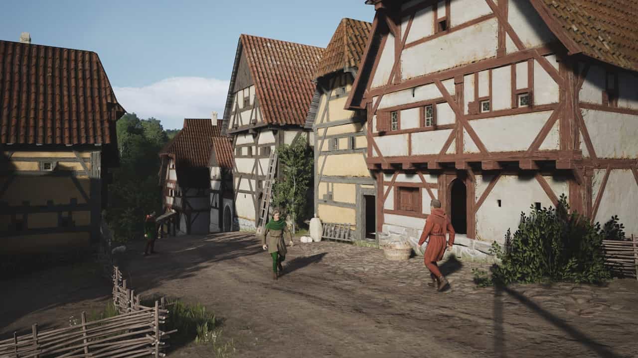 Manor Lords demo: A street in the game with villagers walking by. Image via Slavic Magic.