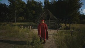 Manor Lords dyes: lord in a red cloak standing near at Dyer's Workshop with a forest in the background.