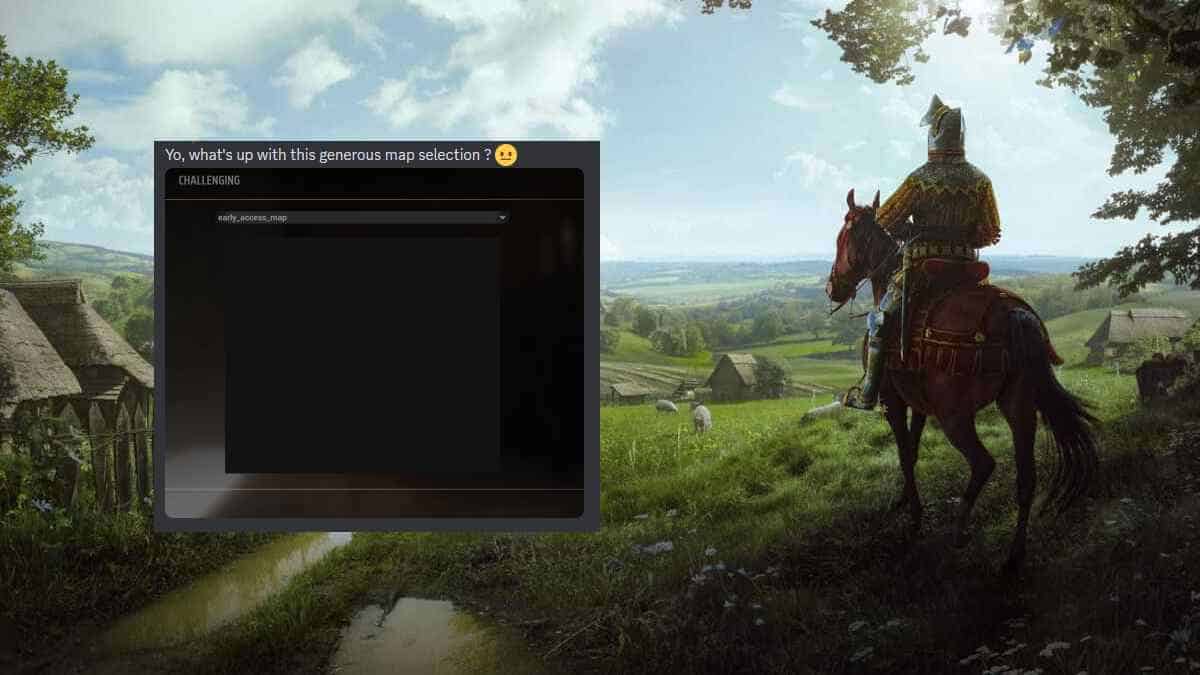 A medieval knight on horseback overlooking a lush, green valley with manor lords and cottages, under a text message overlay discussing a map selection issue in an early access video game.