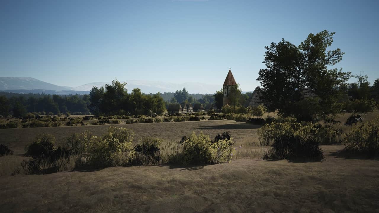 Manor Lords engine: A settlement near a forest in the game. Image via Slavic Magic.