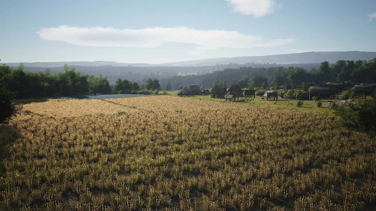 Manor Lords engine: Wheat fields next to a settlement in the game. Image via Slavic Magic.