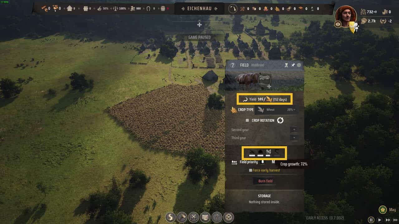 Manor Lords farming: aerial view of a medieval village with an overlay detailing field information.