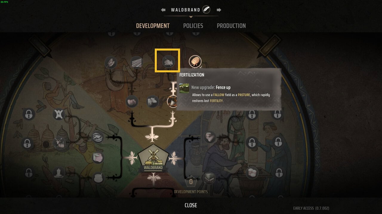 Manor Lords farming: tech tree detailing the Fertilization upgrade.