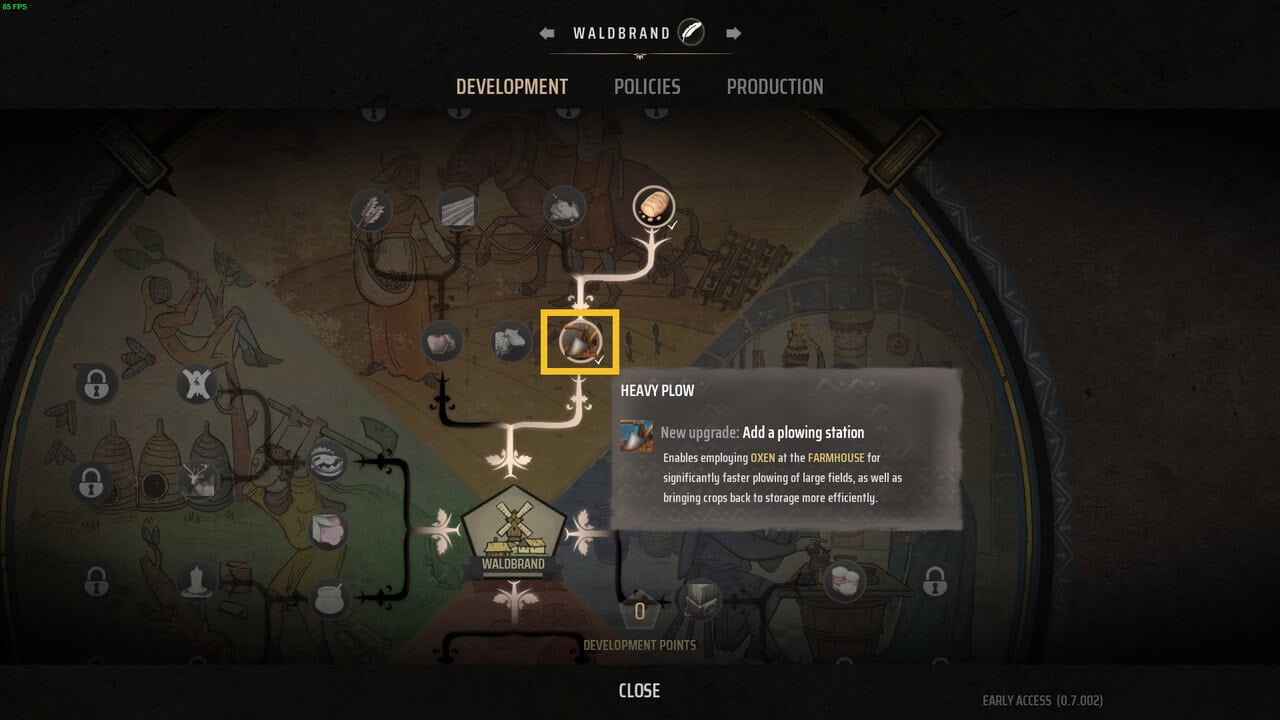 Manor Lords farming: tech tree detailing the Heavy Plow upgrade.