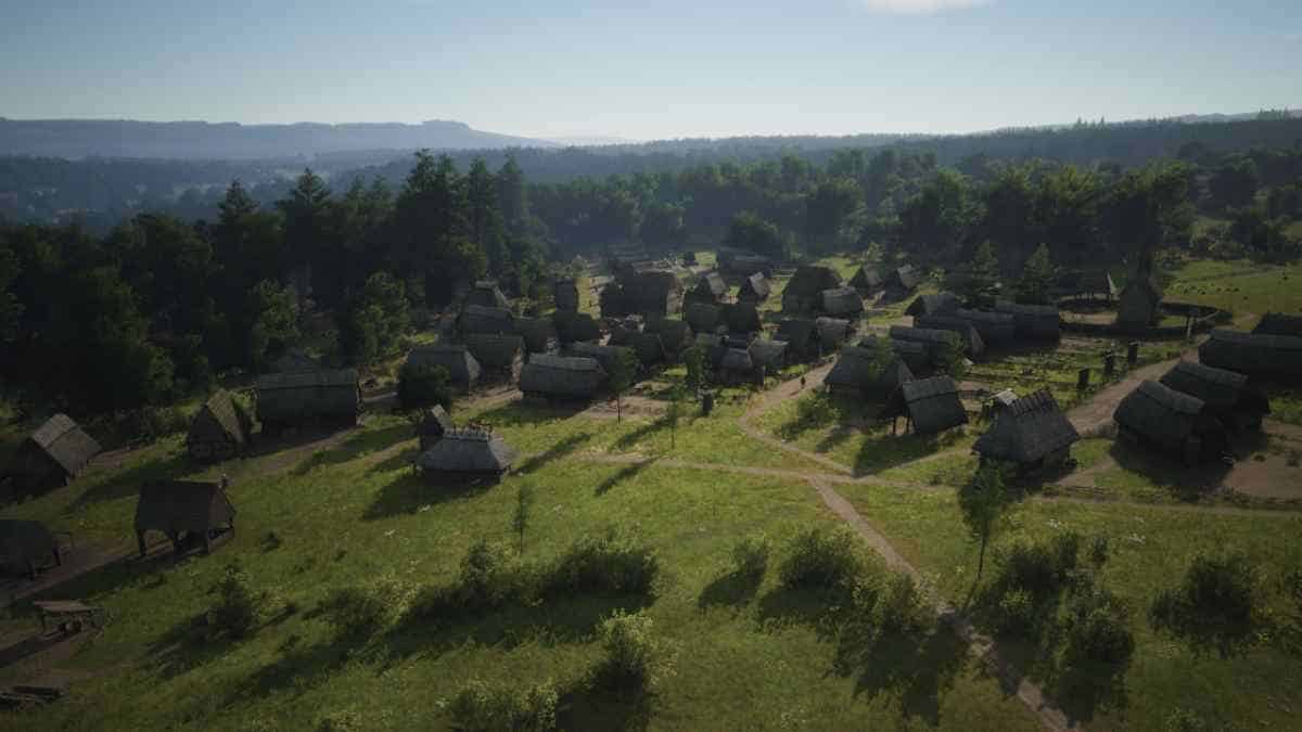 Aerial view of a rustic village with thatched-roof houses amidst greenery under a hazy sky, rendered in the best graphics settings for Manor Lords.