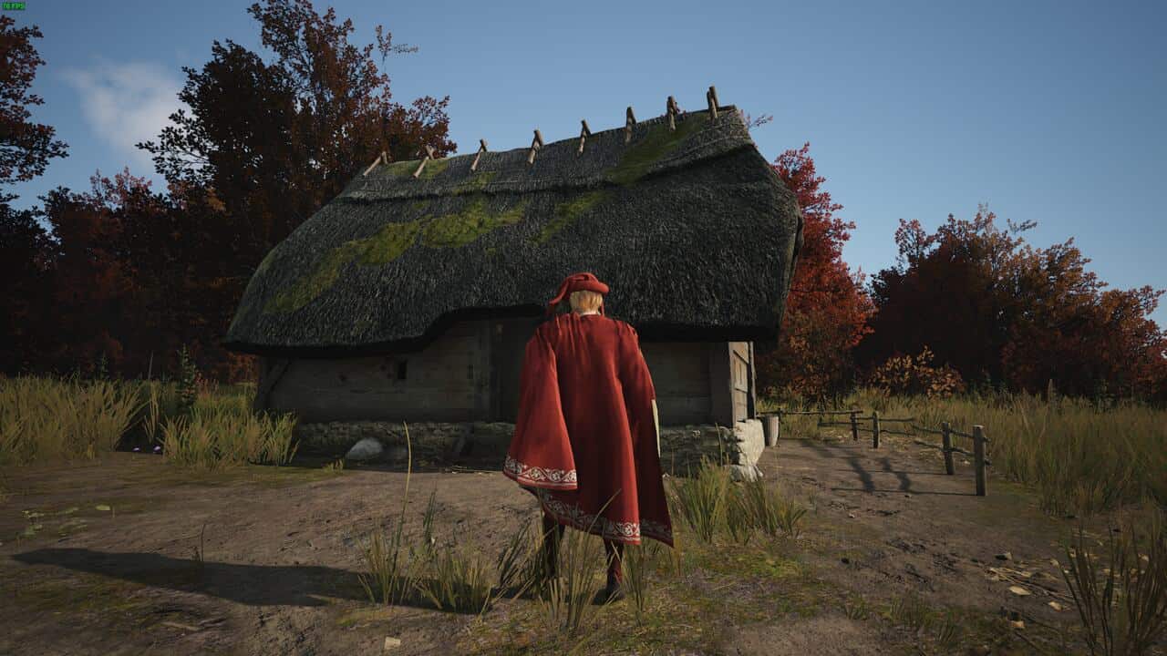 Manor Lords herbs: Lord in a red cloak standing in front of a Forager Hut.