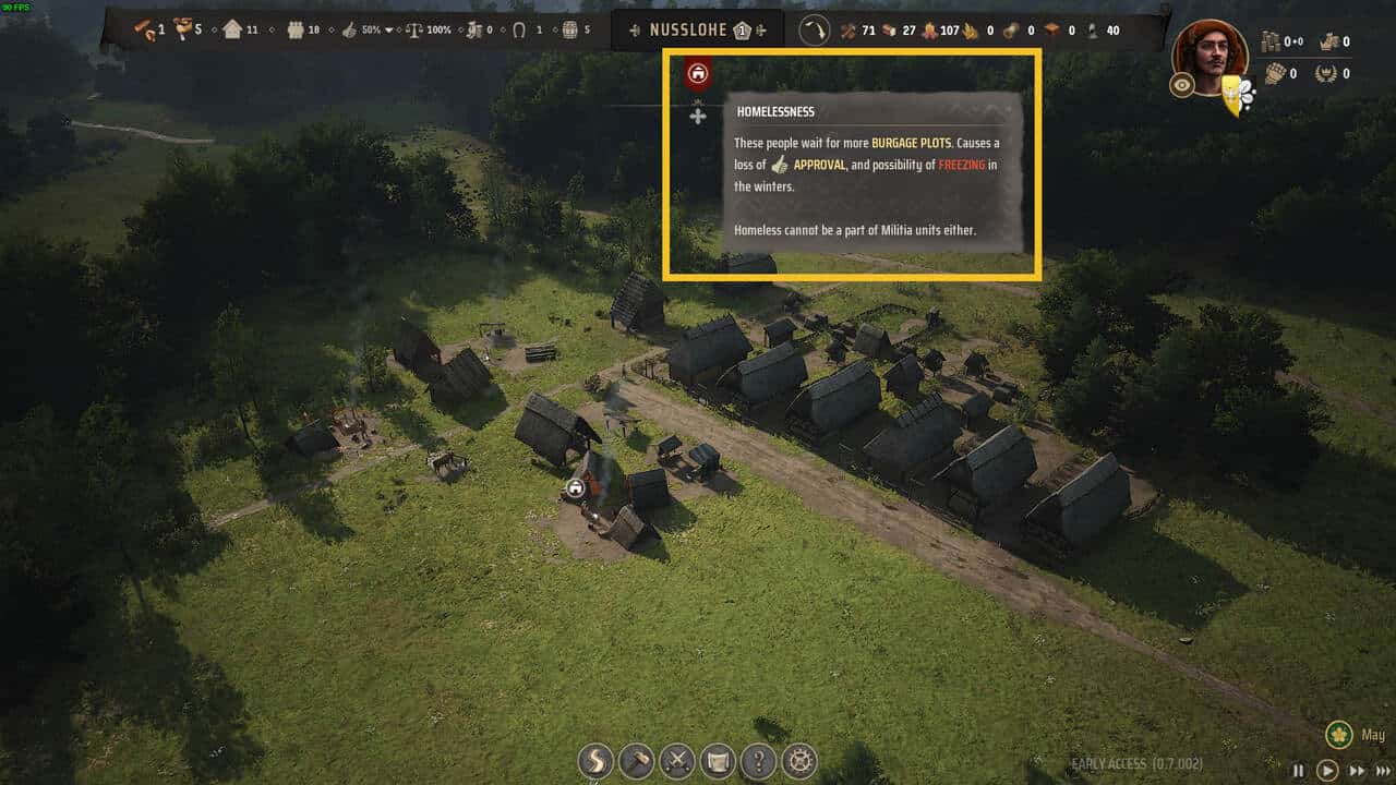 Manor Lords homelessness bug: aerial view of medieval village with a tooltip warning about homelessness.
