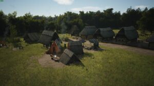 Manor Lords homelessness bug: a small medieval village seen from the air with various buildings and houses.