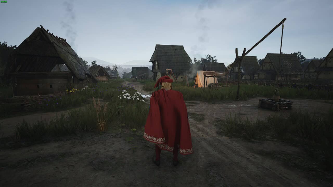Manor Lords Influence: Lord in a red cloak walking on a muddy street in a medieval village.
