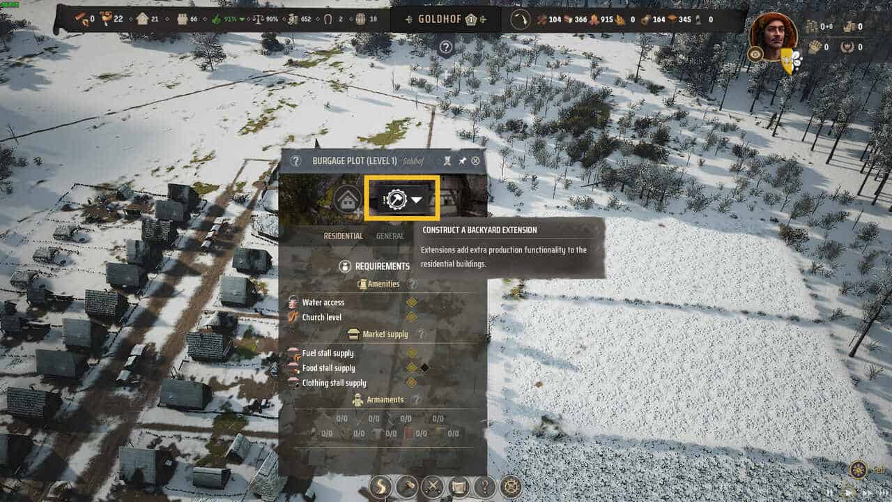 Manor Lords Leather: snowy aerial shot of a medieval village with the burgage plot extension button highlighted.
