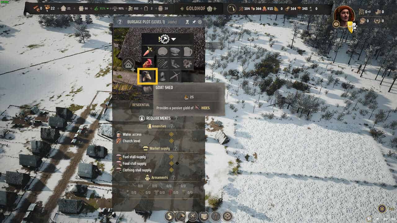 Manor Lords Leather: snowy top-down shot of a medieval village with the Goat Shed extension highlighted in yellow.