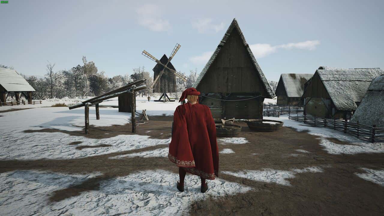 Manor Lords Leather: lord in a red cloak standing in the snow near a tannery with a windmill in the distance.
