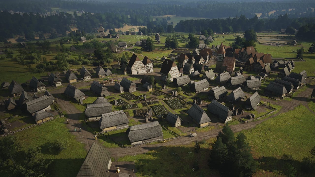 Manor Lords Mac: Aerial view of a medieval village. Image via Slavic Magic.