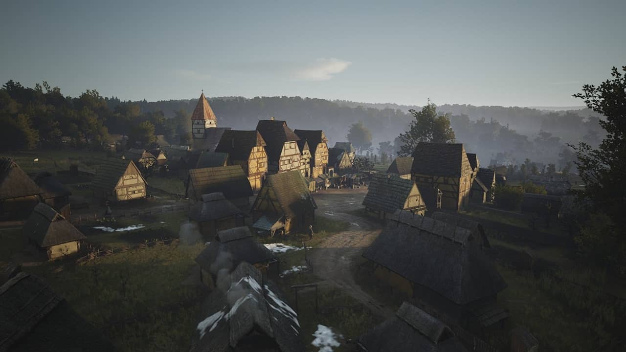 Manor Lords Mac: A settlement near a lush forest in the game. Image via Slavic Magic.