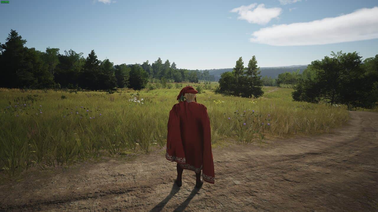 Manor Lords map size: lord in a red cloak standing on a road near some fields.