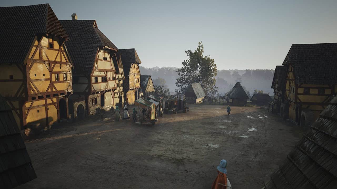 Manor Lords mods: A settlement with buildings near trees. Image via Slavic Magic.
