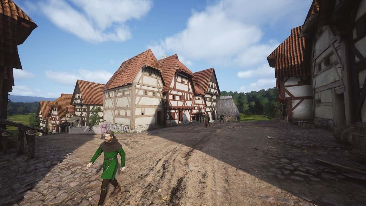 Manor Lords Nintendo Switch: A man walks past buildings on a medieval street. Image via Slavic Magic.