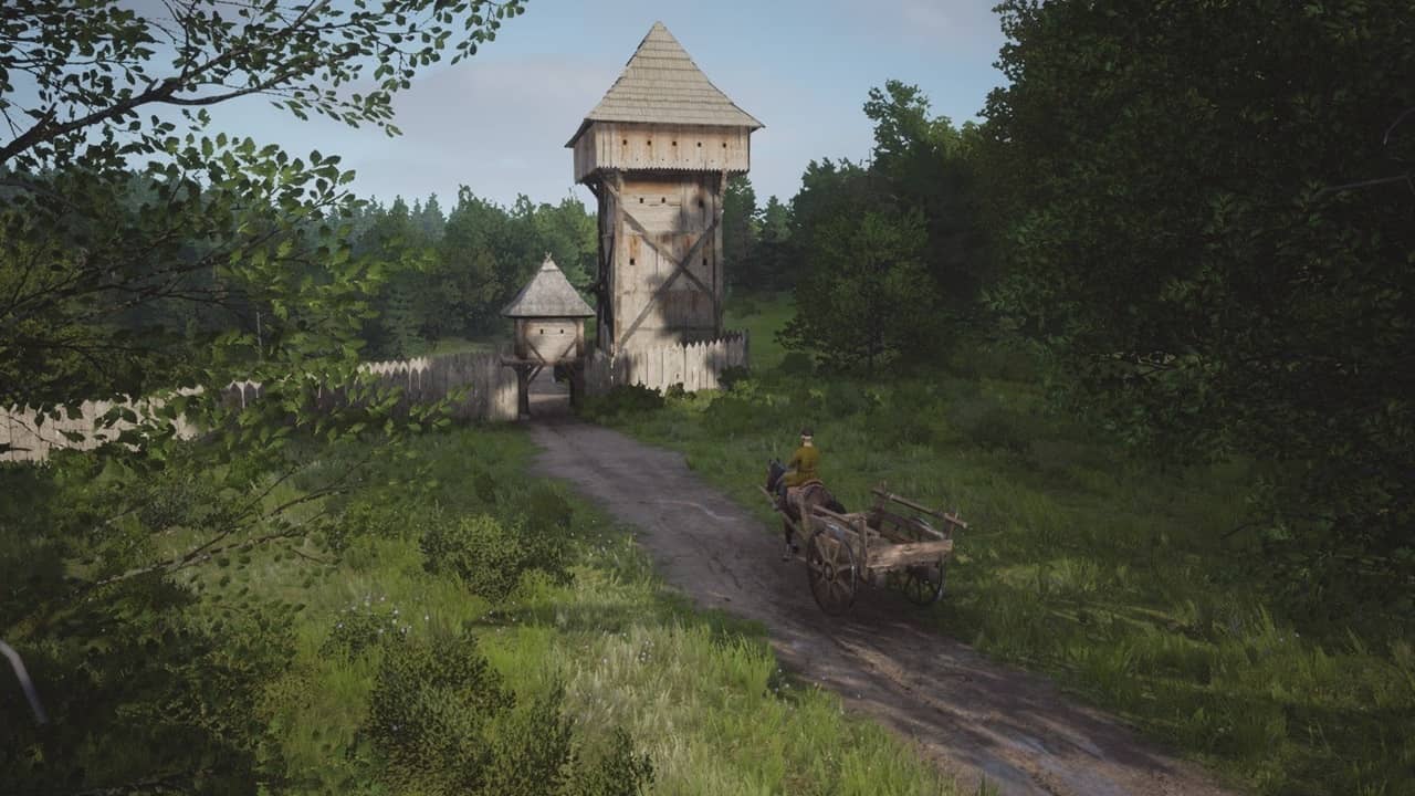 Manor Lords Nintendo Switch: A horse cart moving towards a toll gate on a trade route in the game. Image via Slavic Magic.