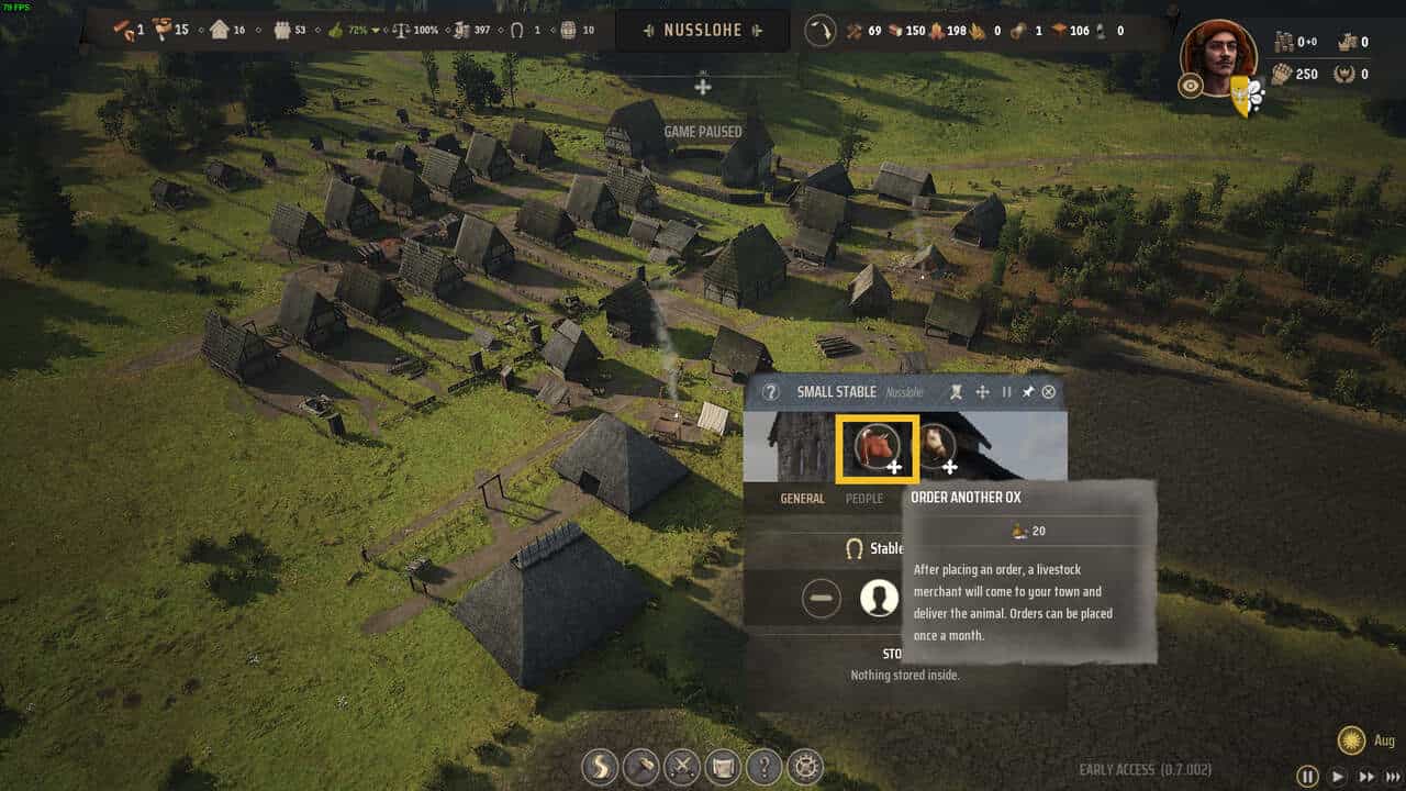 Manor Lords Oxen: medieval village with the button to order an oxen highlighted in yellow.