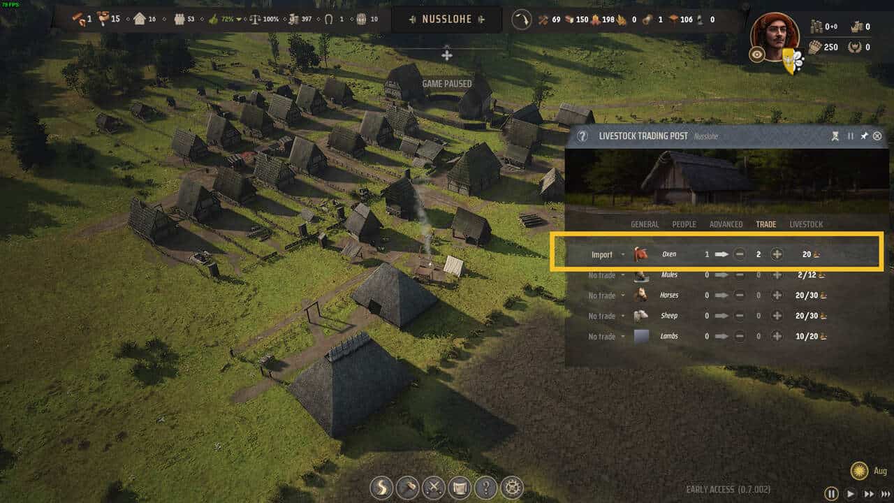 Manor Lords Oxen: medieval village with a trade menu highlighted.