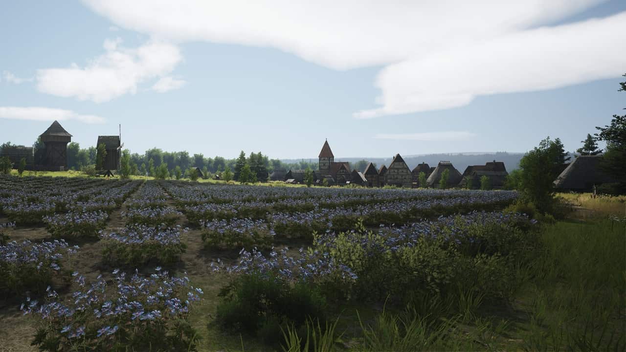 Manor Lords PS5: A rural landscape with vibrant blue flowers in the game. Image via Slavic Magic.