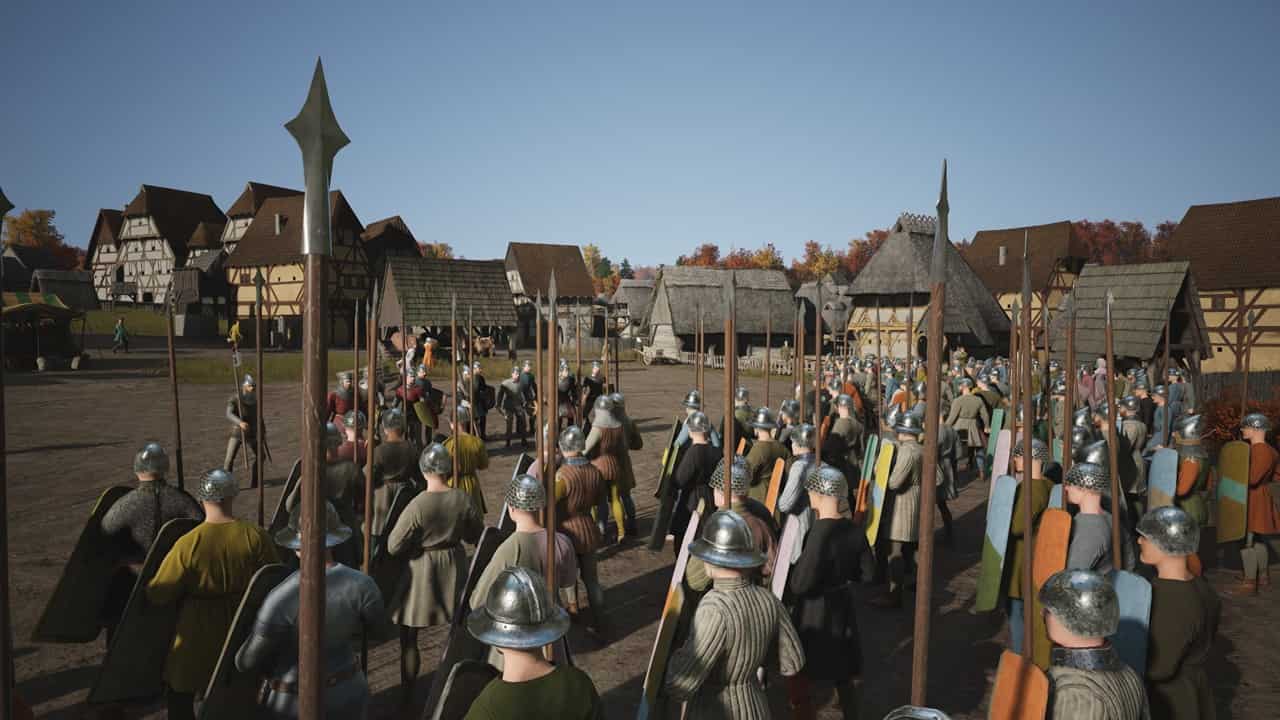 Manor Lords PS5: Peasants march forward with spears and shields. Image via Slavic Magic.