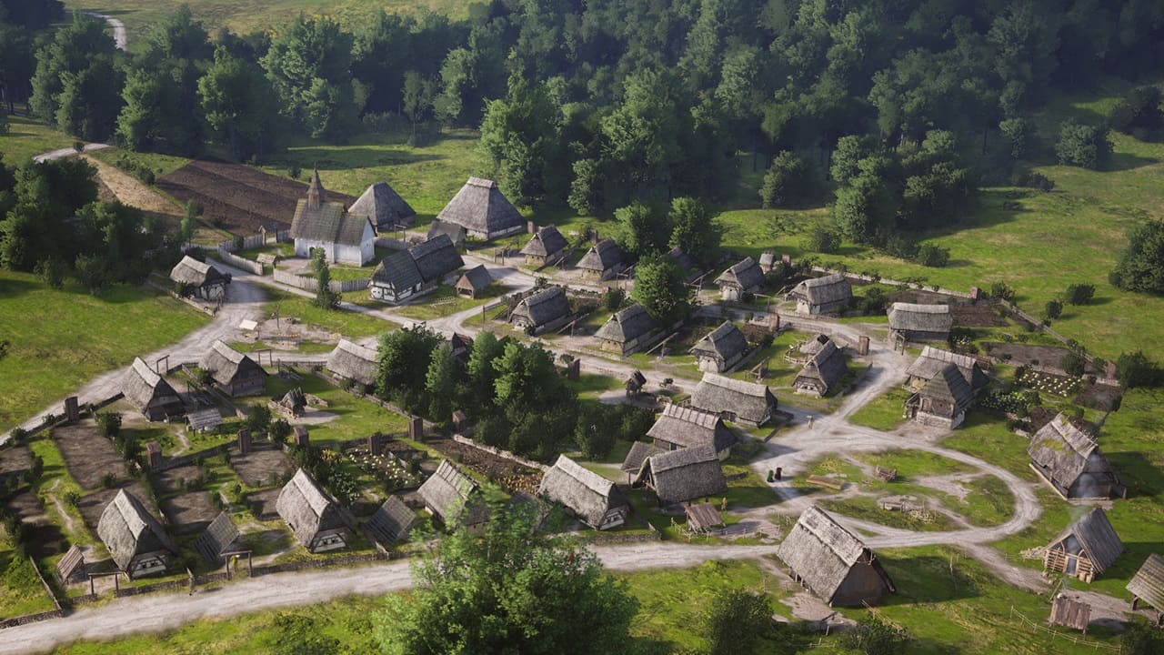 Manor Lords release date: A settlement in the game surrounded by a lush forest. Image via Slavic Magic.