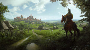 Manor Lords review: lord on a horse surverying a settlement amid verdant fields.
