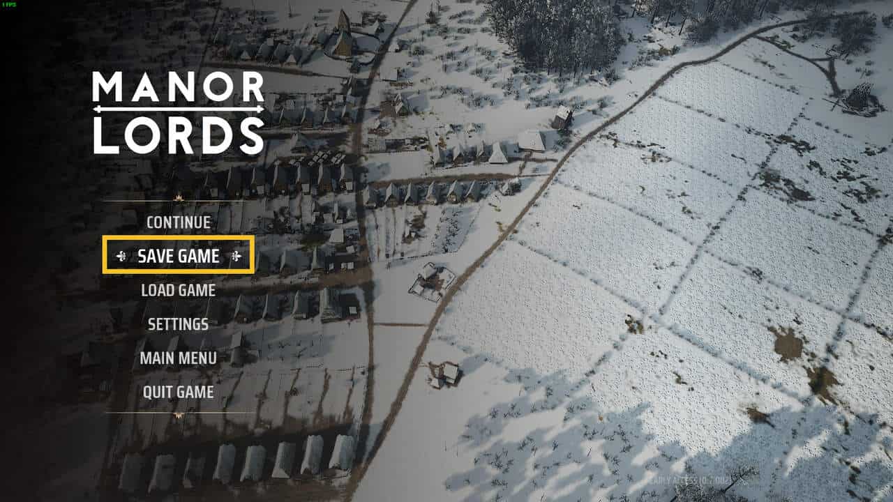 Manor Lords how to save: pause screen with save game highlighted in yellow.