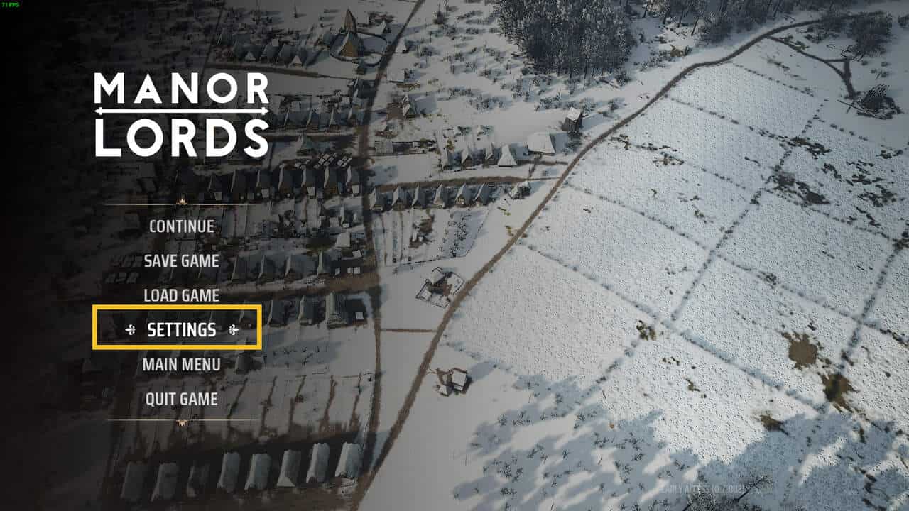 Manor Lords how to save: pause menu with settings highlighted.