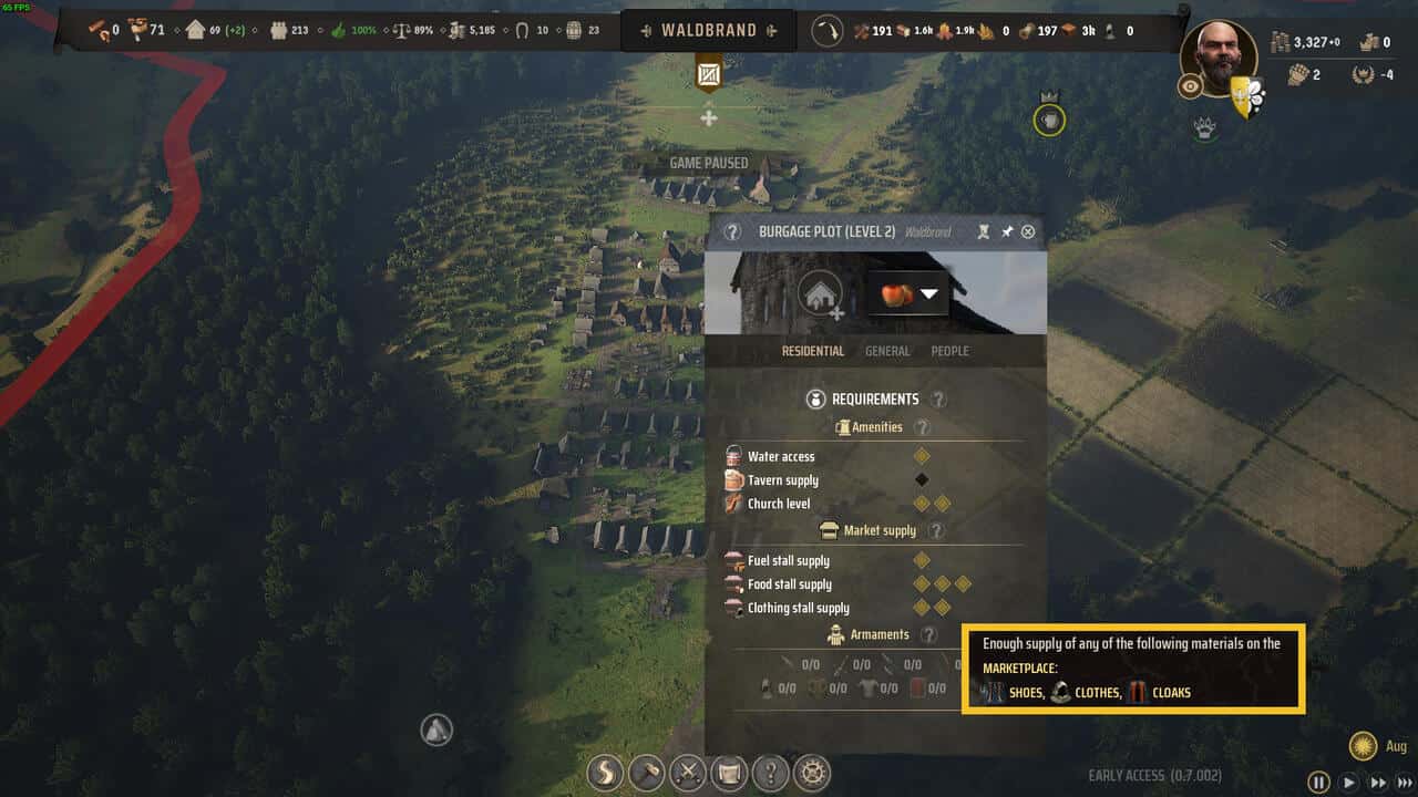 Manor Lords Settlement Level: overlay above a medieval village showcasing clothing requirements.