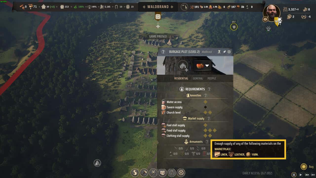 Manor Lords Settlement Level: overlay above a medieval village showcasing clothing requirements.