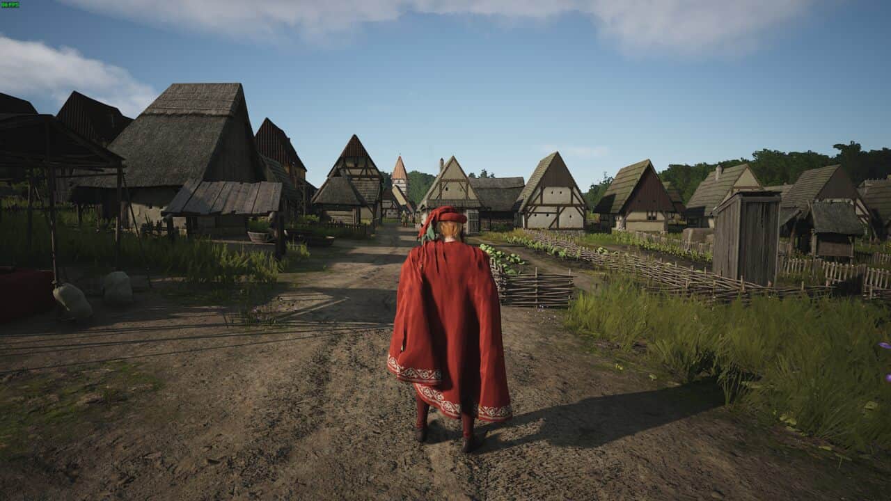 Manor Lords Settlement Level: lord in red cloak walking in a medieval village.