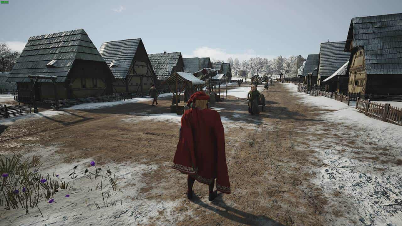 Manor Lords tips and tricks: lord surverying a snowy town square.