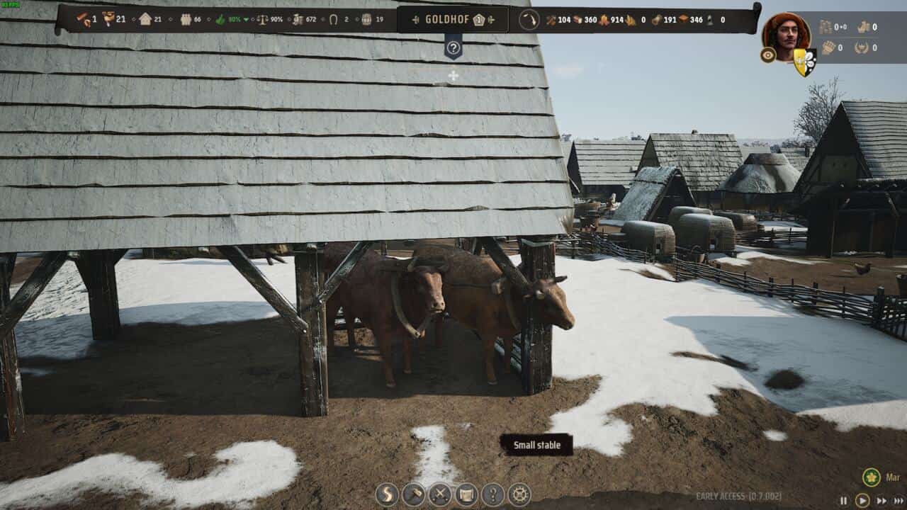 Manor Lords tips and tricks: Two horses standing under a small, wooden stable in a snowy medieval village with various buildings in the background, perfect for applying Manor Lords tips and tricks.