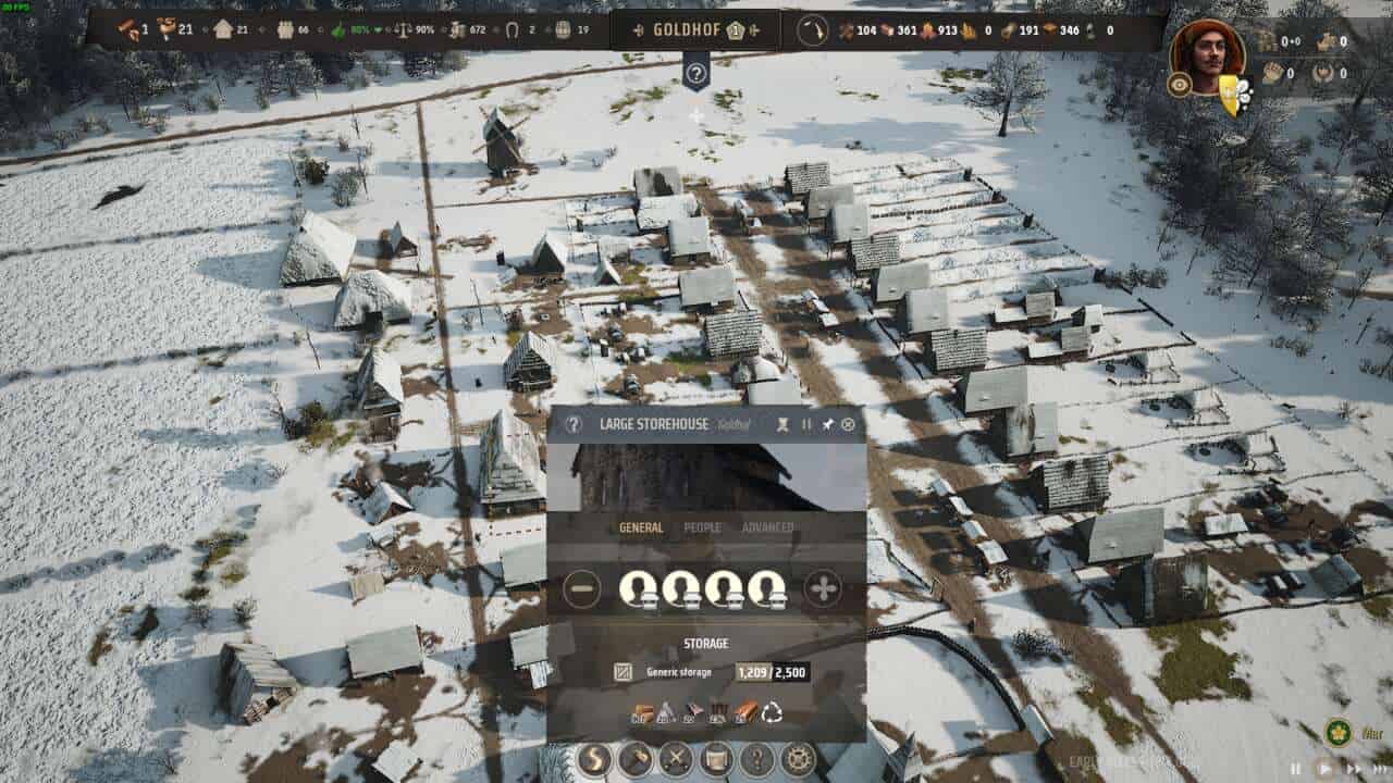 Manor Lords tips and tricks:  Aerial view of a snow-covered medieval village with multiple small buildings in Manor Lords, displayed in a video game interface showing resources and statistics.