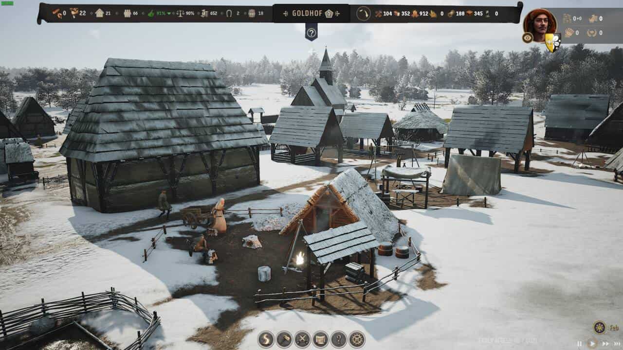Manor Lords tips and tricks:  A winter scene in Manor Lords, a medieval village game simulation, showing thatched-roof buildings, villagers, and snow-covered grounds.