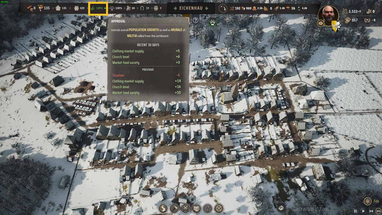 Manor Lords trophies achievements: top-down view of a snowy medieval town with the town's approval rating highlighted in yellow.