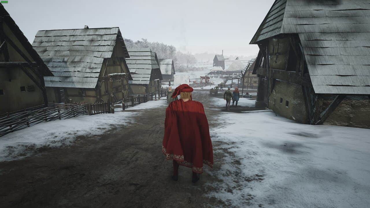 Manor Lords trophies achievements: lord in a red cloak walking through a medieval village carpeted in snow.