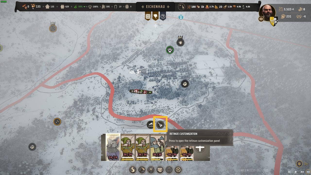 Manor Lords trophies achievements: aerial view of a snowy medieval town with Retinue customization button highlighted.