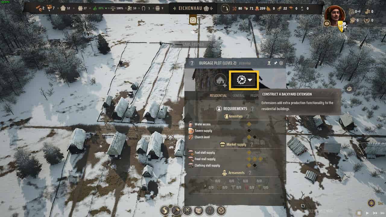 Manor Lords upgrade burgage plots: a snowy village with a popup menu for constructing a upgrade on burgage plots, detailing requirements and resources.