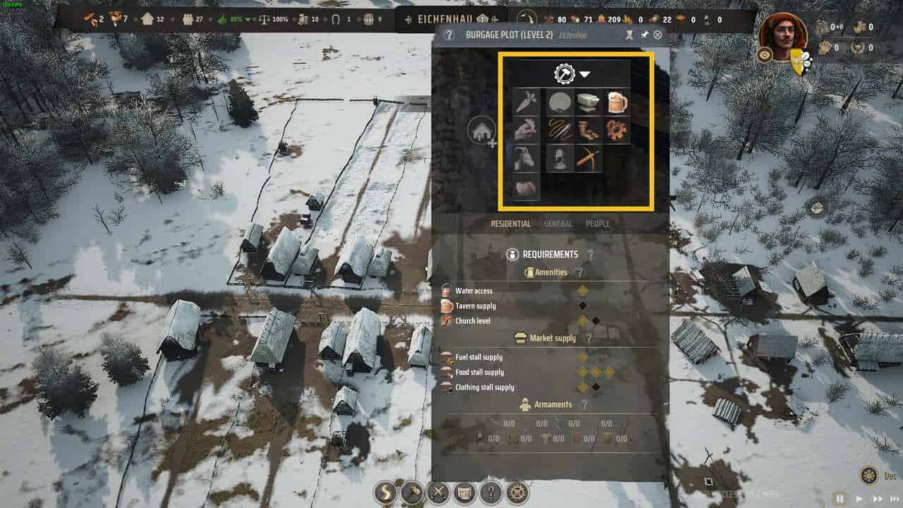 Manor Lords upgrade burgage plots: a snowy landscape and an inventory menu on the right detailing extension options.