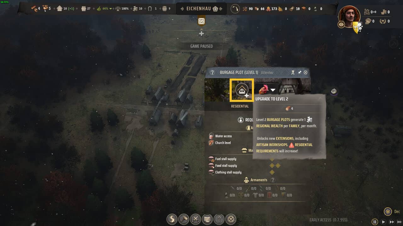 Manor Lords upgrade burgage plots: aerial view of a medieval village with the burgage plot upgrade button highlighted in yellow.