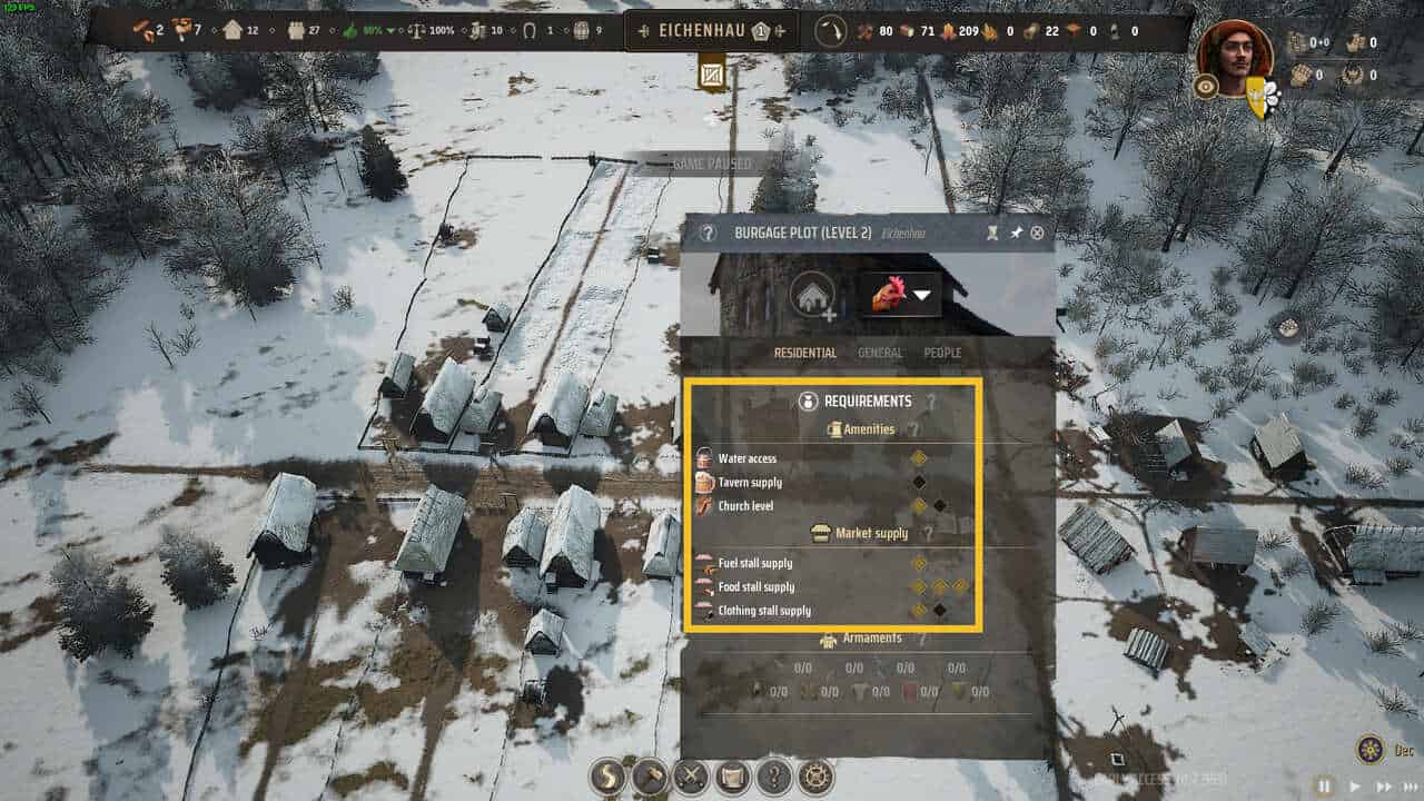 Manor Lords upgrade burgage plots: aerial view of a snow-covered medieval village with an overlay detailing requirements highlighted in yellow.