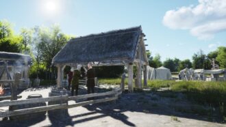 Manor Lords: Villagers talk next to a building. Image via Slavic Magic.