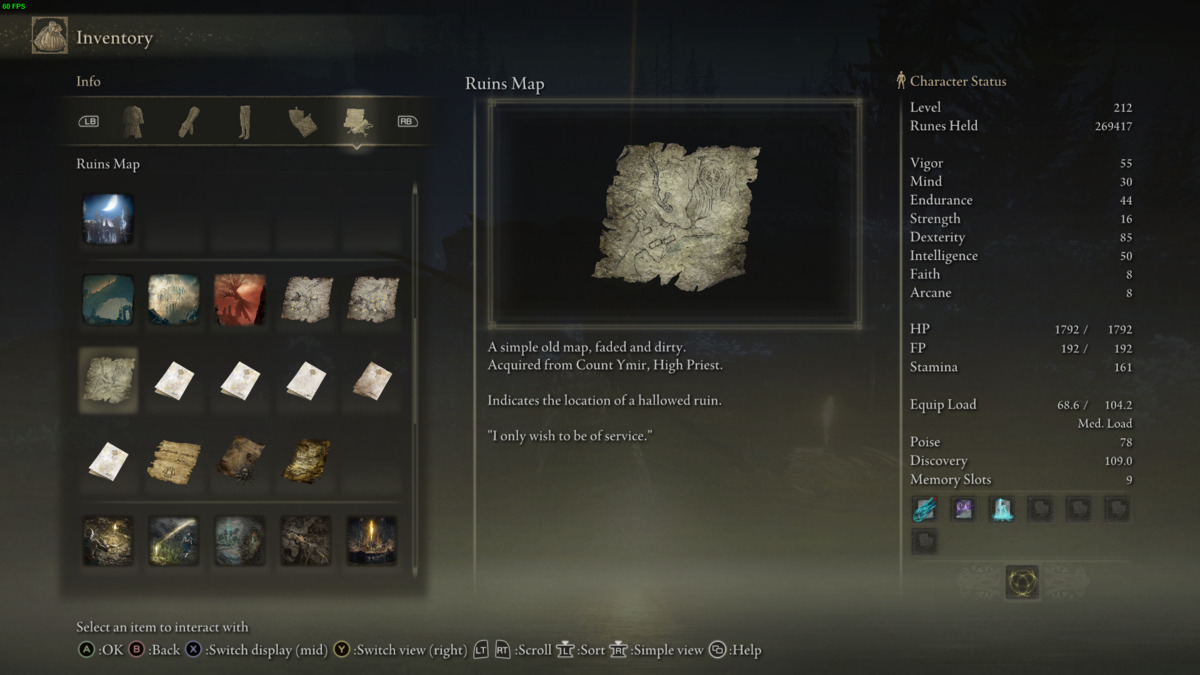 Elden Ring Shadow of the Erdtree Count Ymir: Ruin Map in inventory.