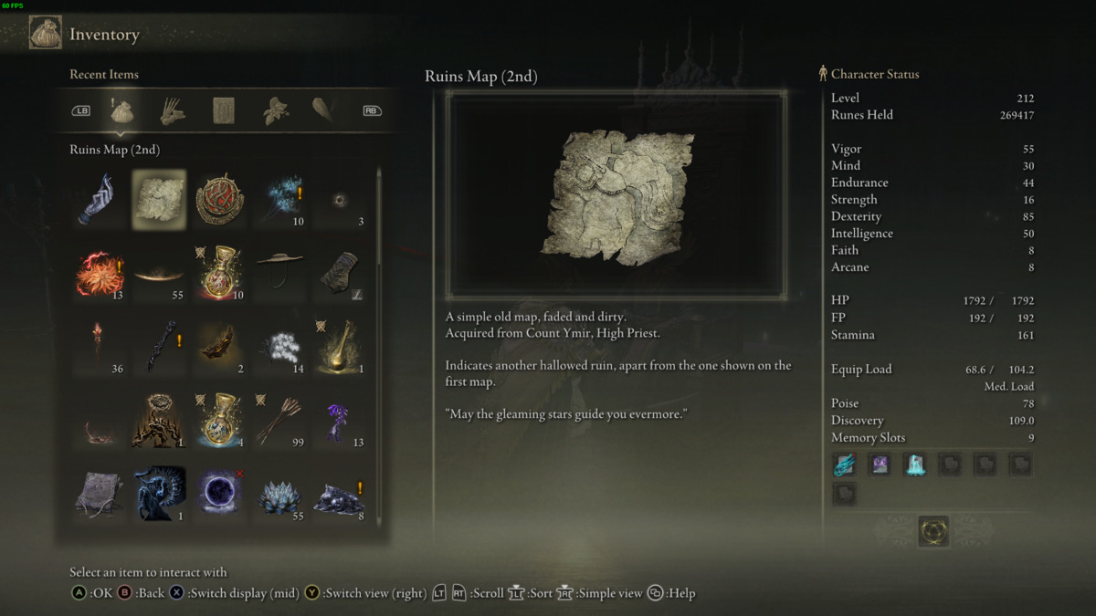 Elden Ring Shadow of the Erdtree Count Ymir: Ruin map 2 in inventory.