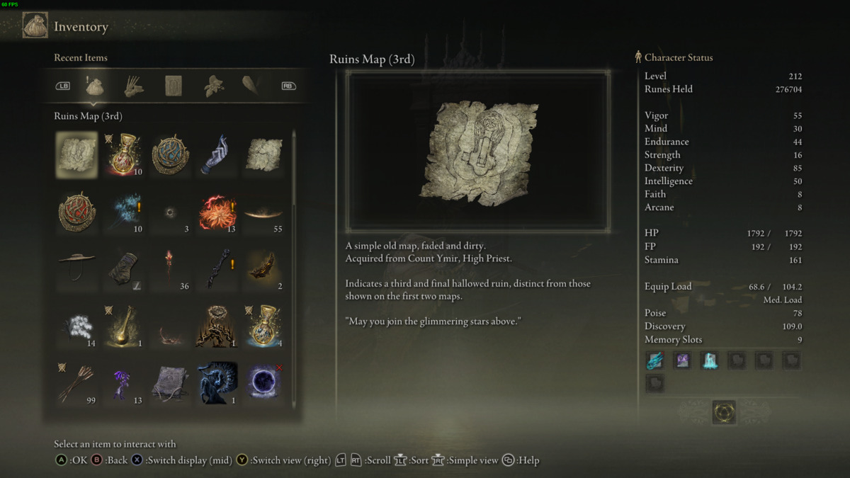 Elden Ring Shadow of the Erdtree Count Ymir: ruin map 3 in inventory.