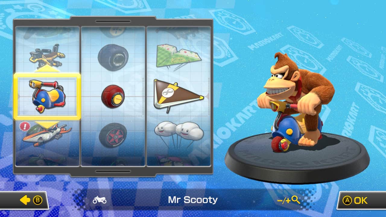 Mario Kart 8 best bike combos: Donkey Kong riding Mr Scooty in the kart selection screen.